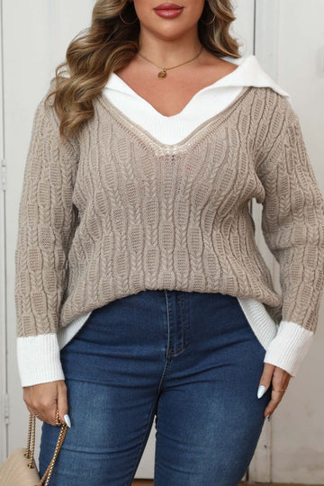 Woochic pull grande taille femme tissage col revers contrasté couture kaqi XL